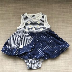 BOGO Set Little Me daisy dress and hat - white blue stripes and polka dots